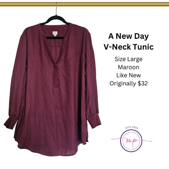 a new day Tops - Chic and Versatile: Shop the A New Day Maroon Satin V-Neck Tunic now!